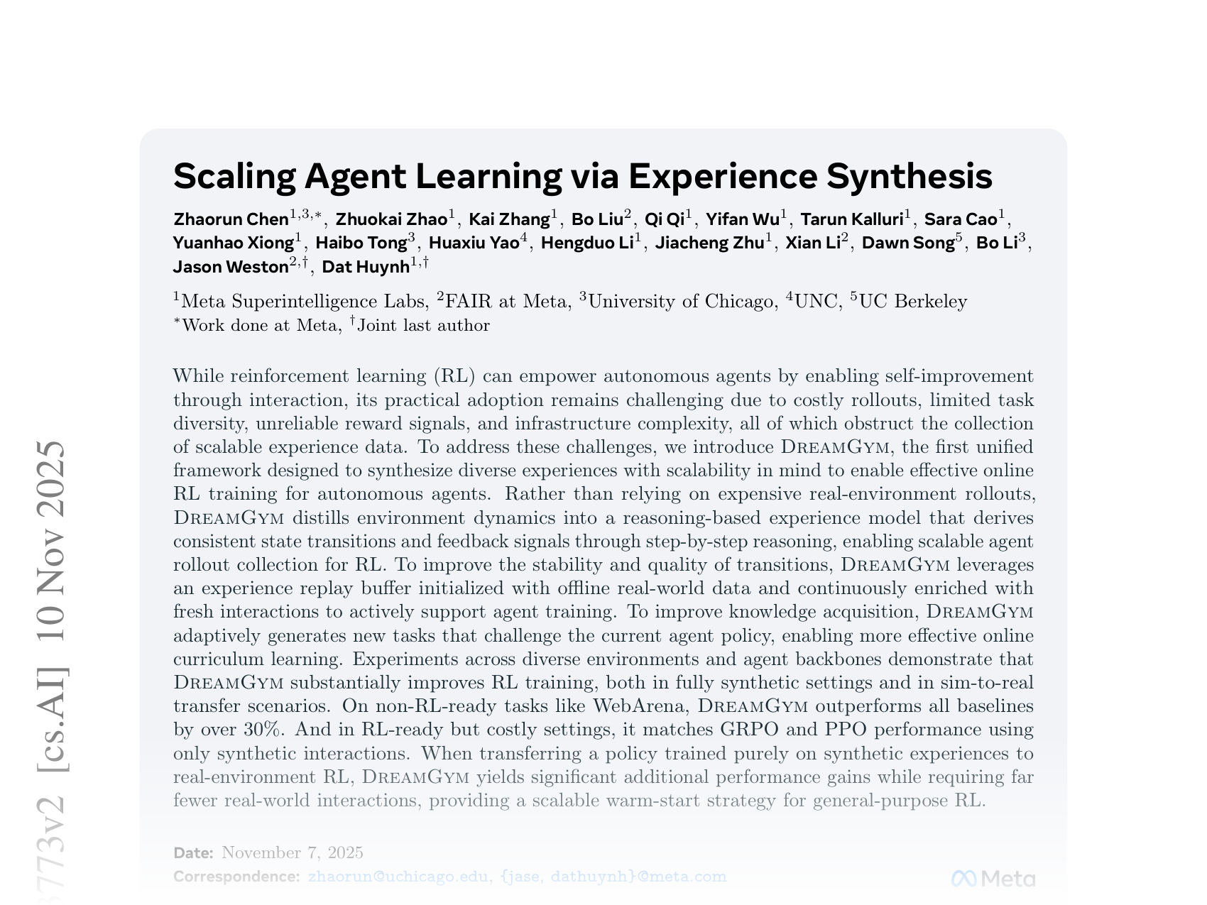 [Scaling Agent Learning via Experience Synthesis 🔗](https://arxiv.org/abs/2511.03773)