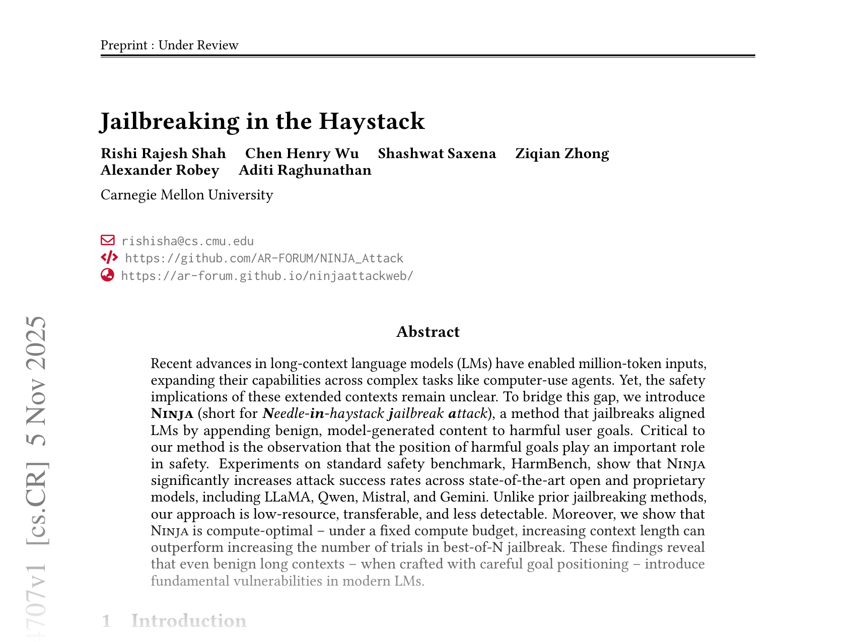 [Jailbreaking in the Haystack 🔗](https://arxiv.org/abs/2511.04707)