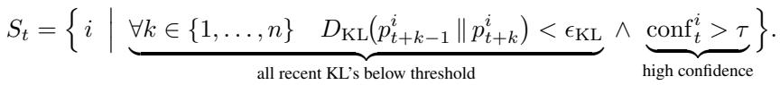 Equation for selecting the set of stable tokens in KLASS.