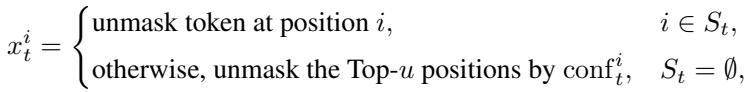 The KLASS unmasking rule. It unmasks all stable tokens, or falls back to a Top-u strategy if no stable tokens are found.
