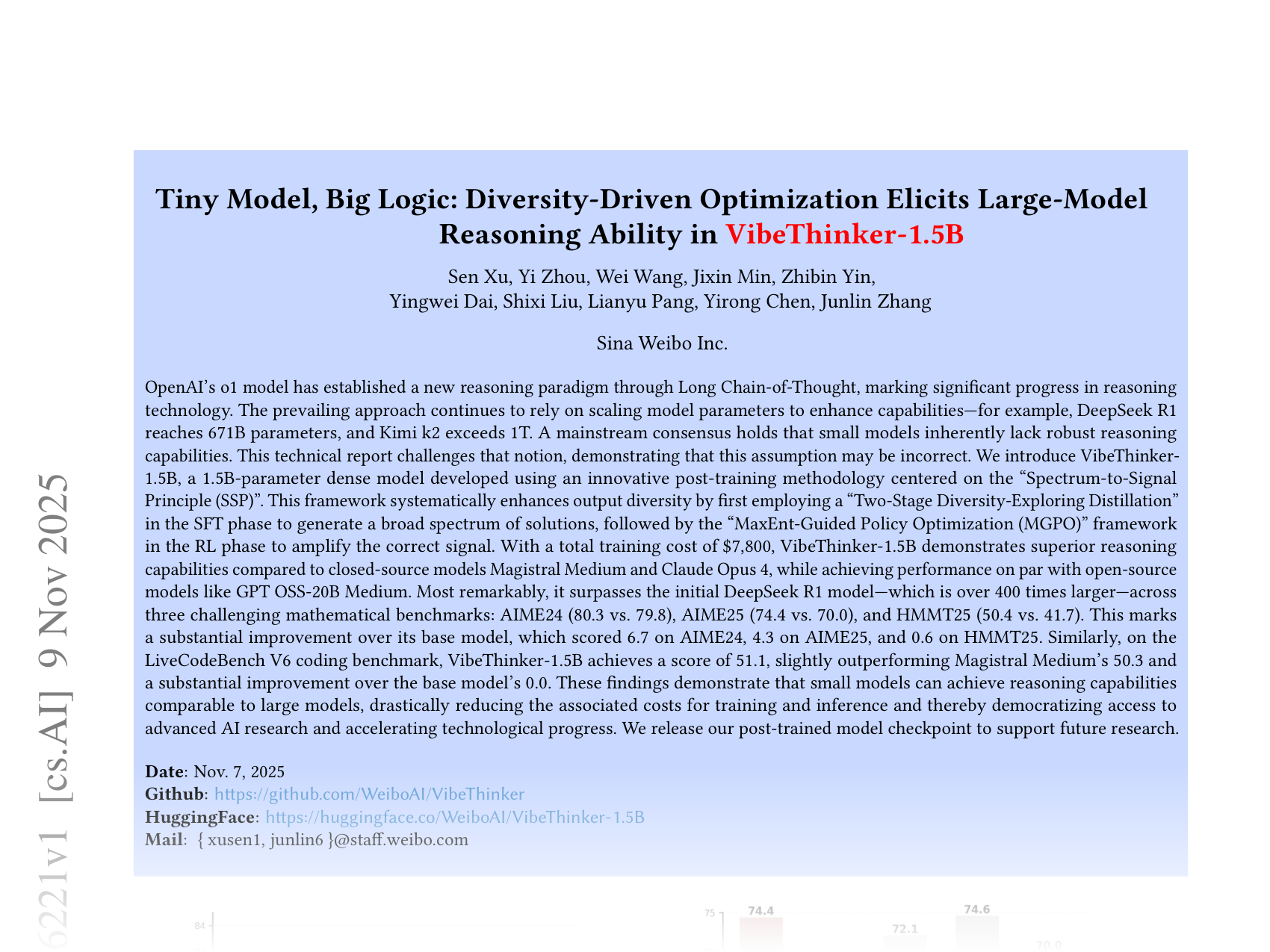 [Tiny Model, Big Logic: Diversity-Driven Optimization Elicits Large-Model Reasoning Ability in VibeThinker-1.5B 🔗](https://arxiv.org/abs/2511.06221)