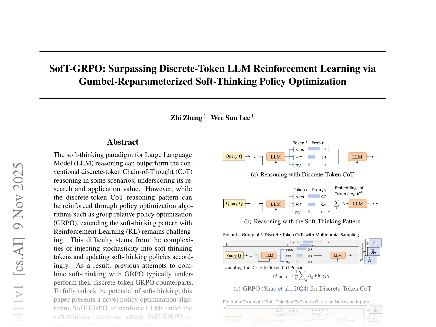 [SofT-GRPO: Surpassing Discrete-Token LLM Reinforcement Learning via Gumbel-Reparameterized Soft-Thinking Policy Optimization 🔗](https://arxiv.org/abs/2511.06411)