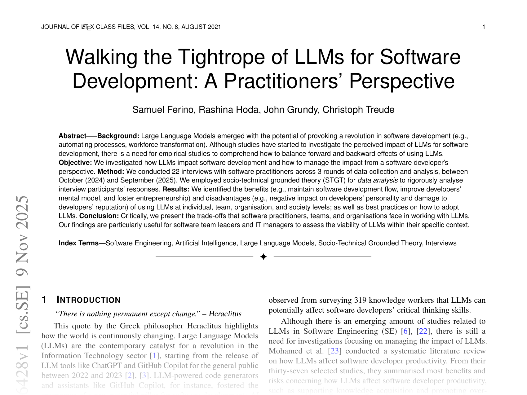 [Walking the Tightrope of LLMs for Software Development: A Practitioners’ Perspective 🔗](https://arxiv.org/abs/2511.06428)