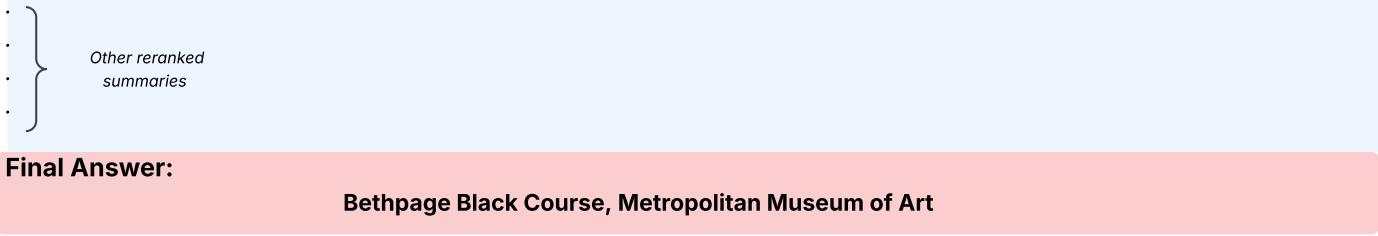 一个涉及卡特·斯图尔特与科学会议的完整问答示例。检索到的摘要在生成最终答案 (贝斯佩奇黑球场、大都会艺术博物馆) 前按相关性排序。