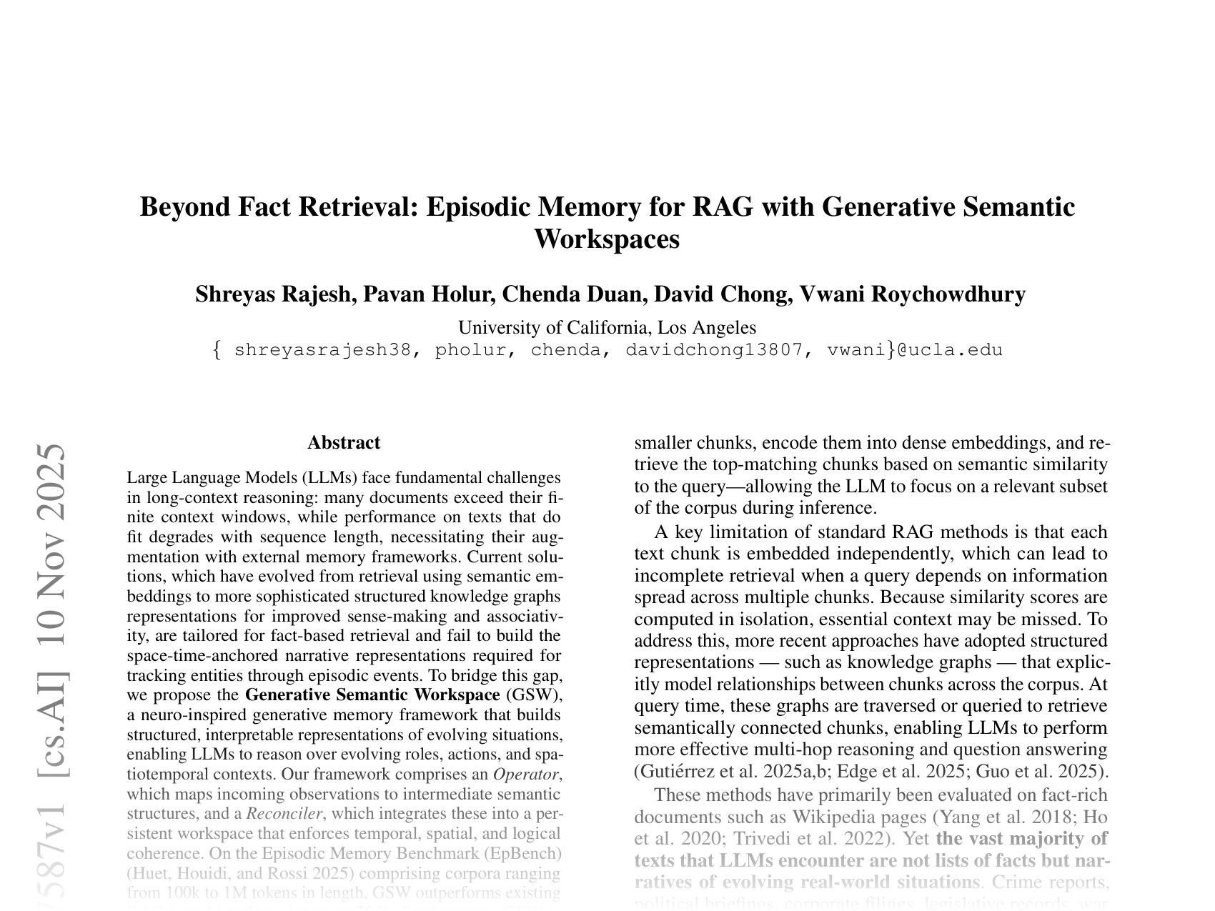 [Beyond Fact Retrieval: Episodic Memory for RAG with Generative Semantic Workspaces 🔗](https://arxiv.org/abs/2511.07587)