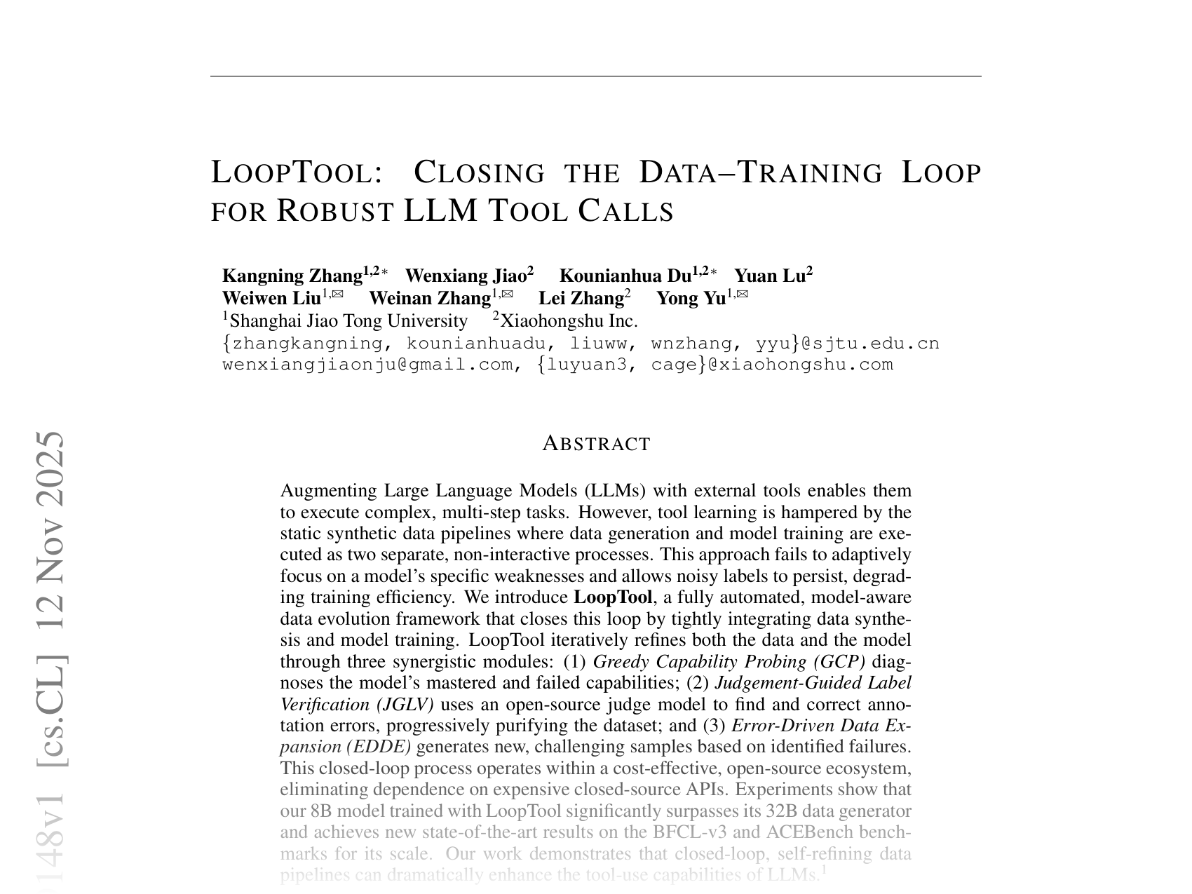 [LoopTool: Closing the Data-Training Loop for Robust LLM Tool Calls 🔗](https://arxiv.org/abs/2511.09148)
