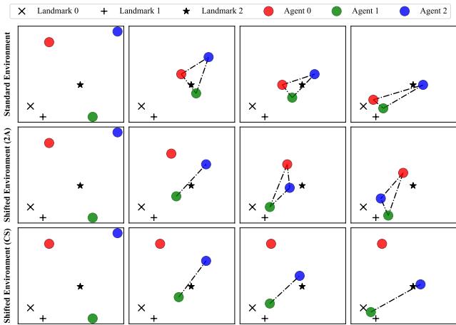Visualization of dynamic learned coordination graph over timesteps in the MPE Spread task.