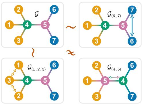 Figure 1.An example of automorphic equivalence.Hollow double arrows indicate node permutations in graph G, shown in cycle notation.