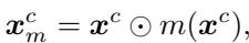 Equation applying the mask to features.
