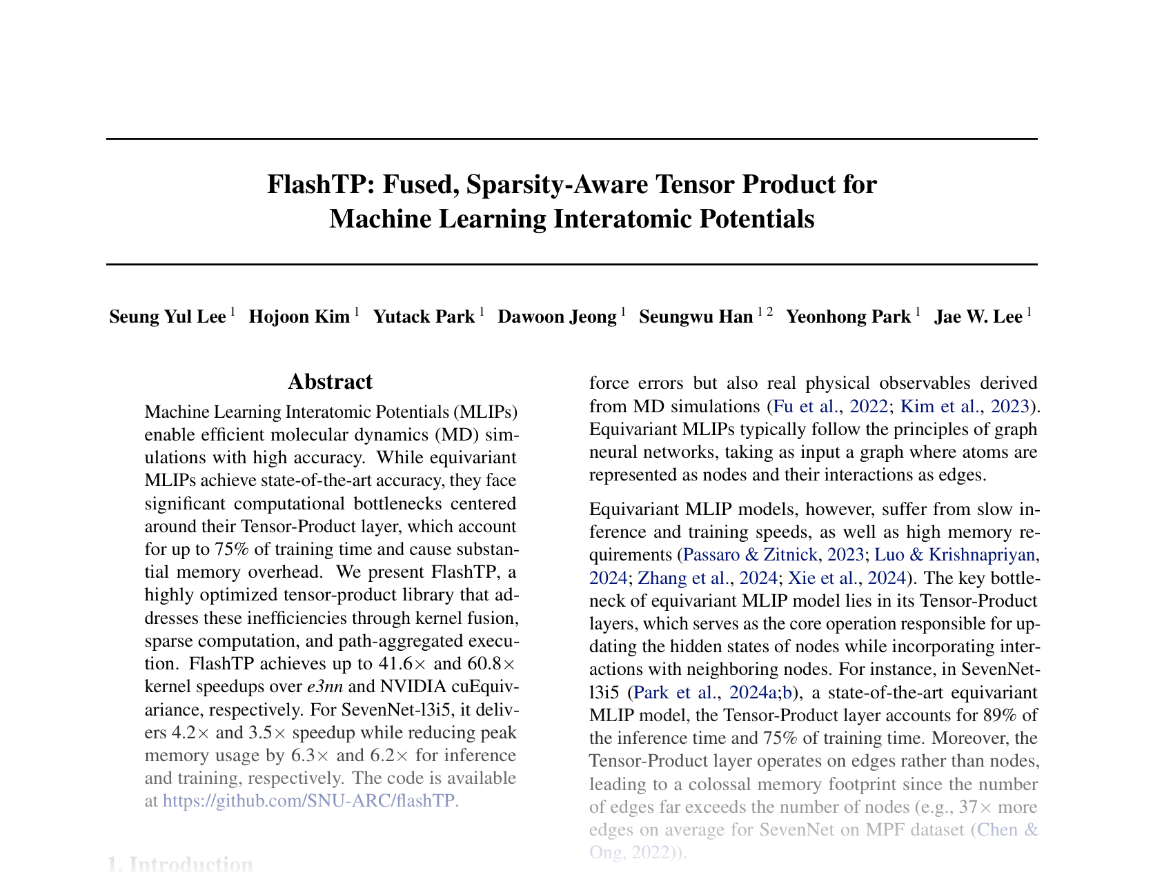 [FlashTP: Fused, Sparsity-Aware Tensor Product for Machine Learning Interatomic Potentials 🔗](https://openreview.net/pdf?id=wiQe95BPaB)