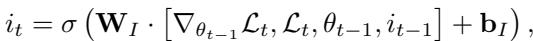 元学习器输入门的方程，它作为一个动态的、可学习的学习率。