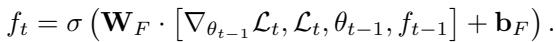 元学习器遗忘门的方程。这使得优化器能够学习权重衰减等策略。
