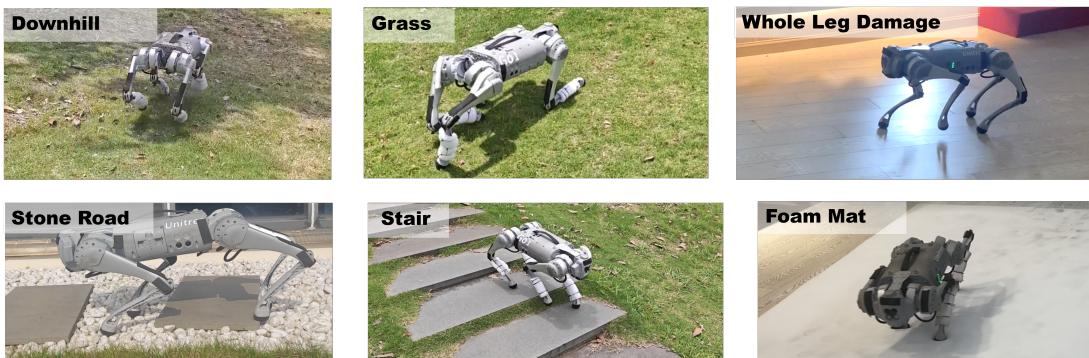 Figure 2: Snapshots of the quadruped robot&rsquo;s locomotion across different terrains and under varying joint damage conditions.