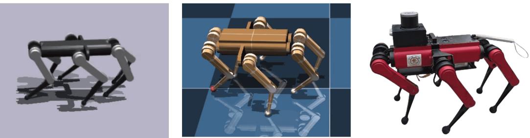 Figure 10: Custom-built hexapod robot in Isaac Gym, MuJoCo, and the real world.