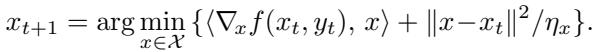 The update rule for the primal variable x.