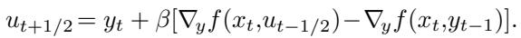 The novel extra-gradient difference prediction step for the dual variable y.