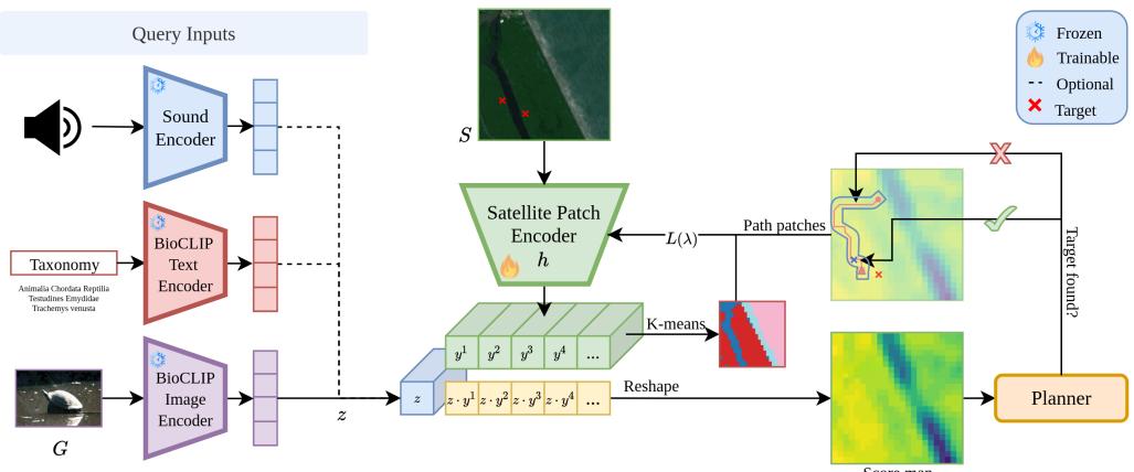 Search-TTA Framework. Inputs (sound, text, image) are encoded and aligned. A satellite patch encoder generates a score map. During search, an SPPP feedback loop updates the encoder weights based on observations.
