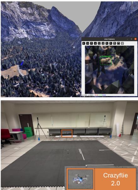 Figure 6: AVS with Crazyflie drone setup. The top shows the simulation environment; the bottom shows the physical drone lab setup.