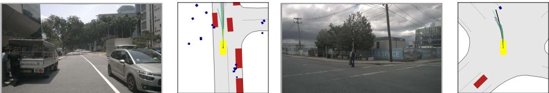 Figure 1: Capturing Multimodality in Complex Real-World Driving Scenarios. We study modeling and evaluation of intricate multimodal driving settings, including subtle interactions, e.g., vehicle-vehicle and human-vehicle. As an example, we visualize collected multimodal trajectories in two scenarios: navigating around a vehicle parked on the shoulder (left) and interacting with a dynamic agent at an intersection (right).