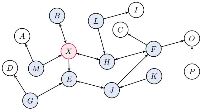 Figure 2. The illustrative example for MB, where X is the target of interest and the blue vertices belong to MB(X).