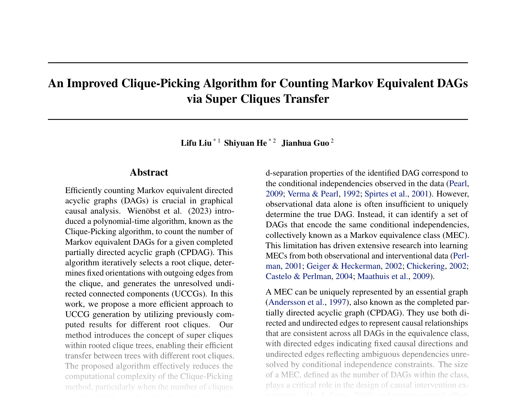 [An Improved Clique-Picking Algorithm for Counting Markov Equivalent DAGs via Super Cliques Transfer 🔗](https://openreview.net/pdf?id=mr0xOQTJkL)