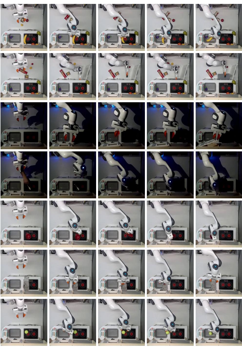 Example rollouts showing generalization to background distractors, flashlight lighting, and novel objects.