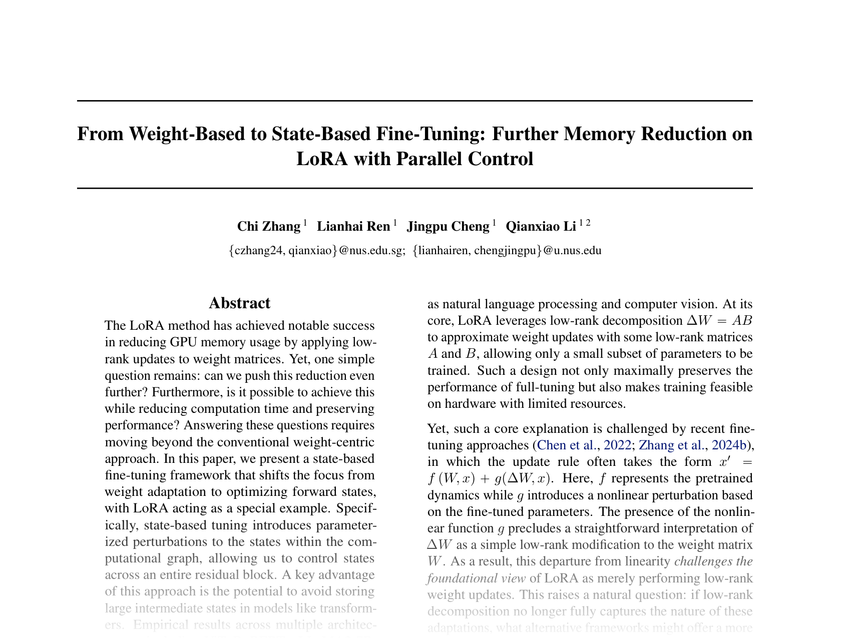 [From Weight-Based to State-Based Fine-Tuning: Further Memory Reduction on LoRA with Parallel Control 🔗](https://openreview.net/pdf?id=x4qvBVuzzu)