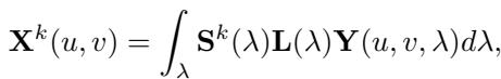 Equation showing the integration of sensitivity, illumination, and spectral radiance.