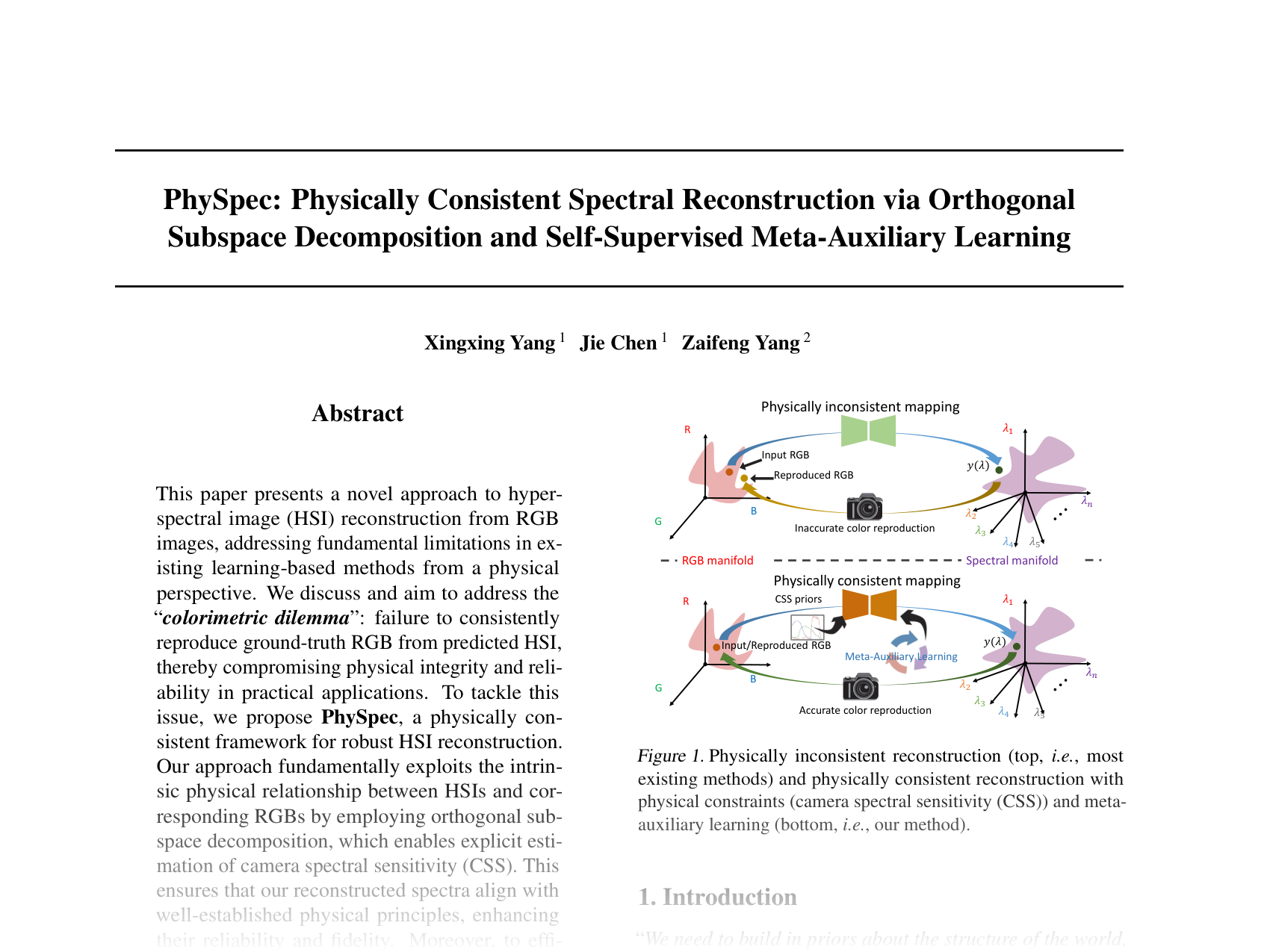 [PhySpec: Physically Consistent Spectral Reconstruction via Orthogonal Subspace Decomposition and Self-Supervised Meta-Auxiliary Learning 🔗](https://openreview.net/pdf?id=WISfJyOA6M)