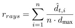 () r _ { r a y s } = \\sum _ { i = 1 } ^ { n } \\frac { \\hat { d } _ { t , i } } { n \\cdot d _ { \\operatorname* { m a x } } } ()