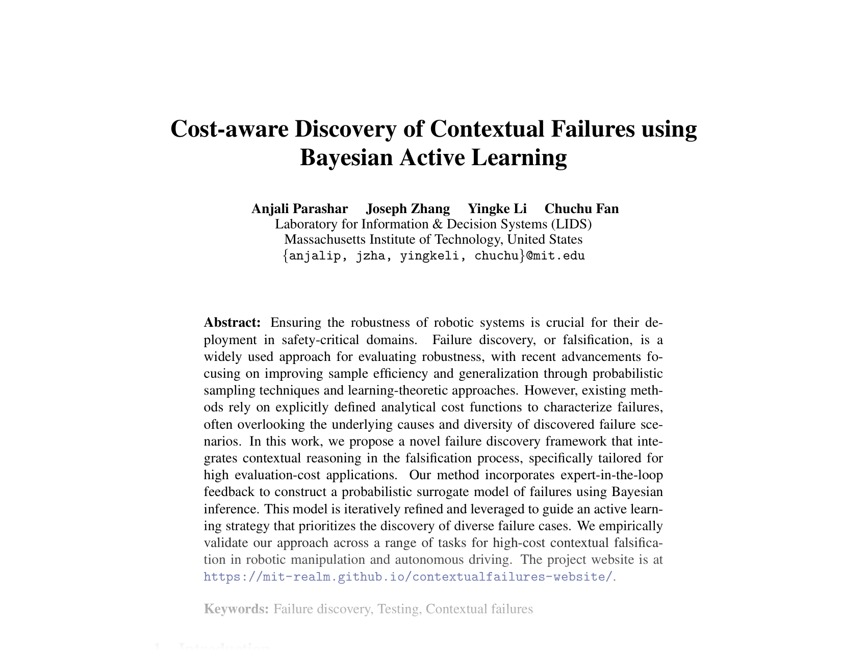 [Cost-aware Discovery of Contextual Failures using Bayesian Active Learning 🔗](https://openreview.net/pdf?id=f2Y549UzM5)