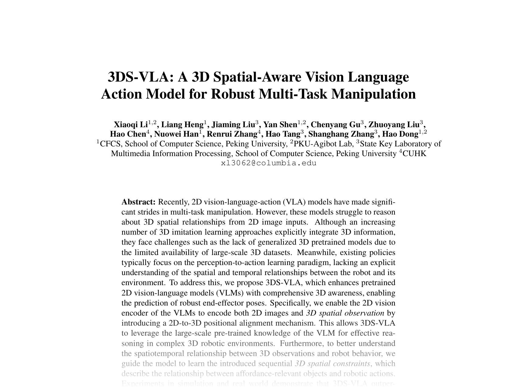 [3DS-VLA: A 3D Spatial-Aware Vision Language Action Model for Robust Multi-Task Manipulation 🔗](https://openreview.net/pdf?id=dT45OMevL5)