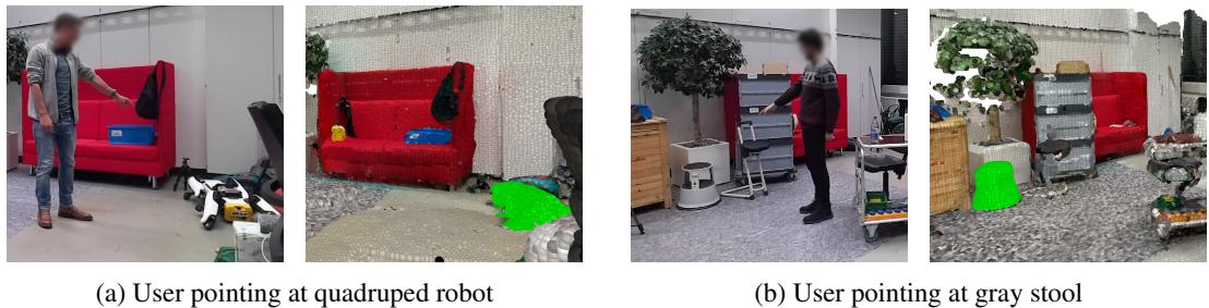 Examples from the dataset: Left side shows a human pointing in an RGB image; Right side shows the corresponding 3D mask of the target object.