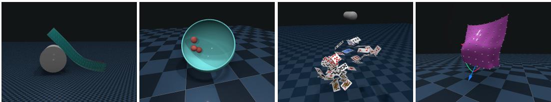 Examples of different physics interactions running in the browser: flexible materials, SDF collisions, fluid/air resistance, and soft skin materials.