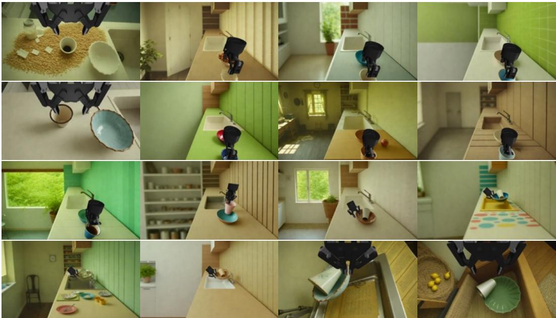 Examples of generated images showing high diversity in lighting, textures, and background clutter.