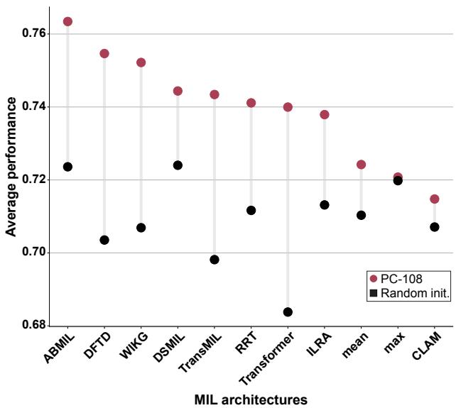 Figure 1. Average performance with supervised pretraining vs. random initialization. Performance of MIL models trained from random initialization (black) vs. initialized with weights from a model pretrained (red) on a 108-class pancancer task.