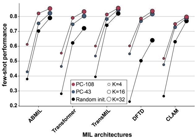 Figure 3. Few-shot performance. Few-shot performance with different initialization strategies for K samples over five MIL methods on molecular subtyping tasks.