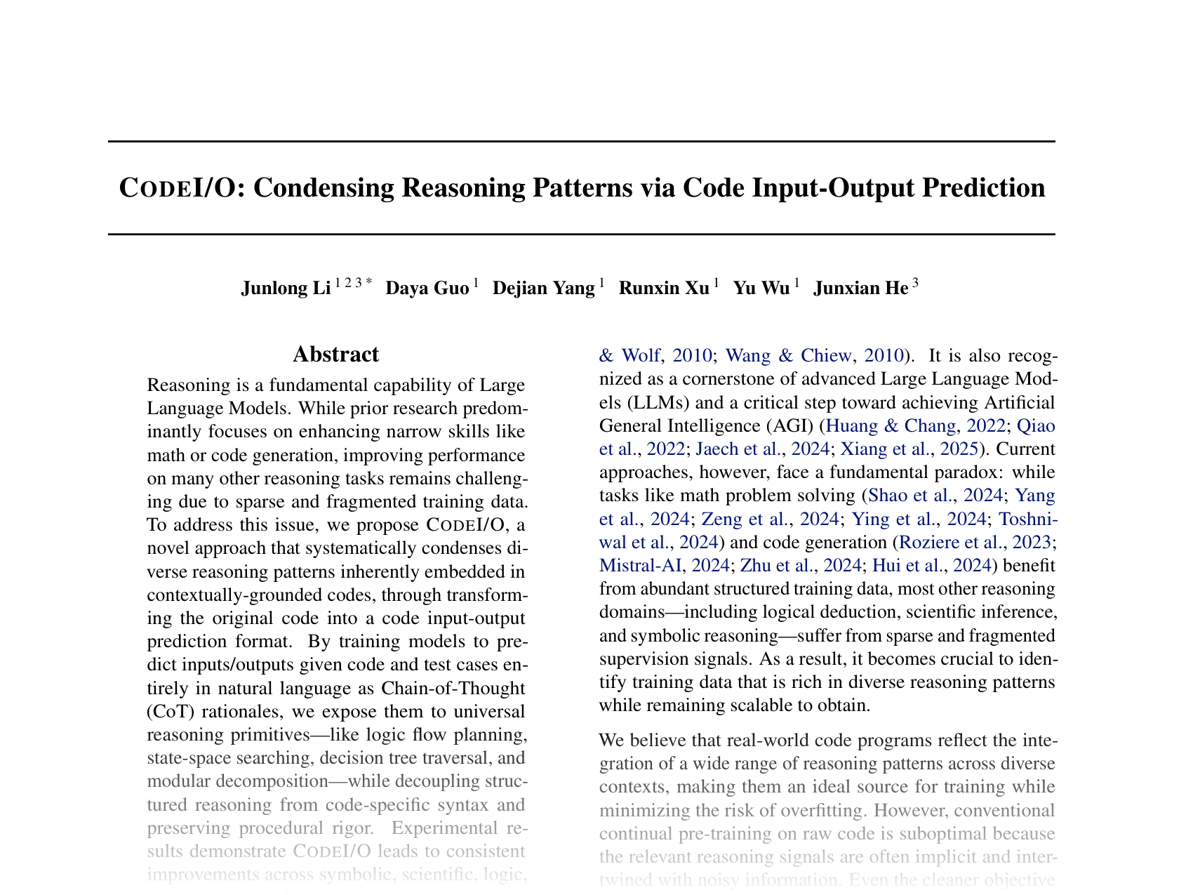 [CODEI/O: Condensing Reasoning Patterns via Code Input-Output Prediction 🔗](https://openreview.net/pdf?id=feIaF6vYFl)