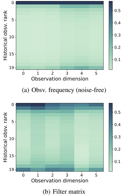 Heatmaps of observation frequency and filter matrix.