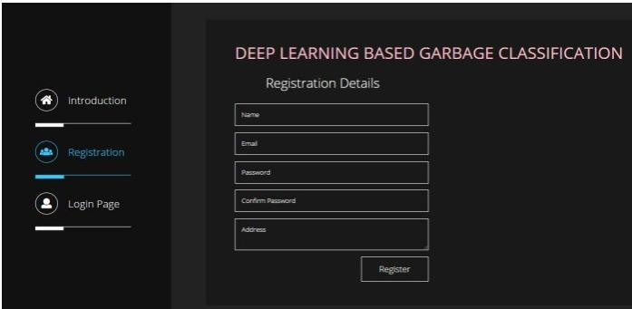 The registration and login page for the garbage classification application, featuring a clean, dark-themed user interface.