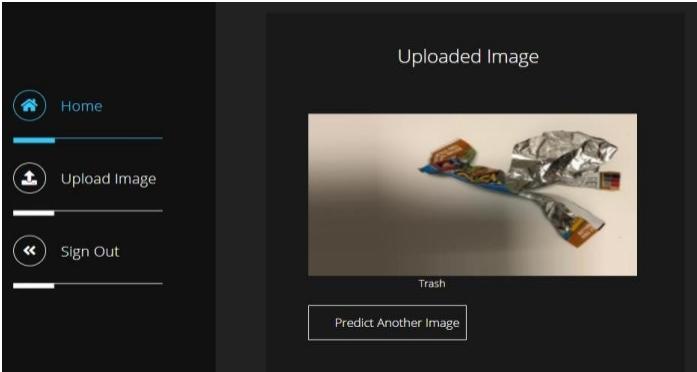 An example of the system classifying an image as ‘Trash’. The interface is simple, showing the uploaded image and the resulting prediction.