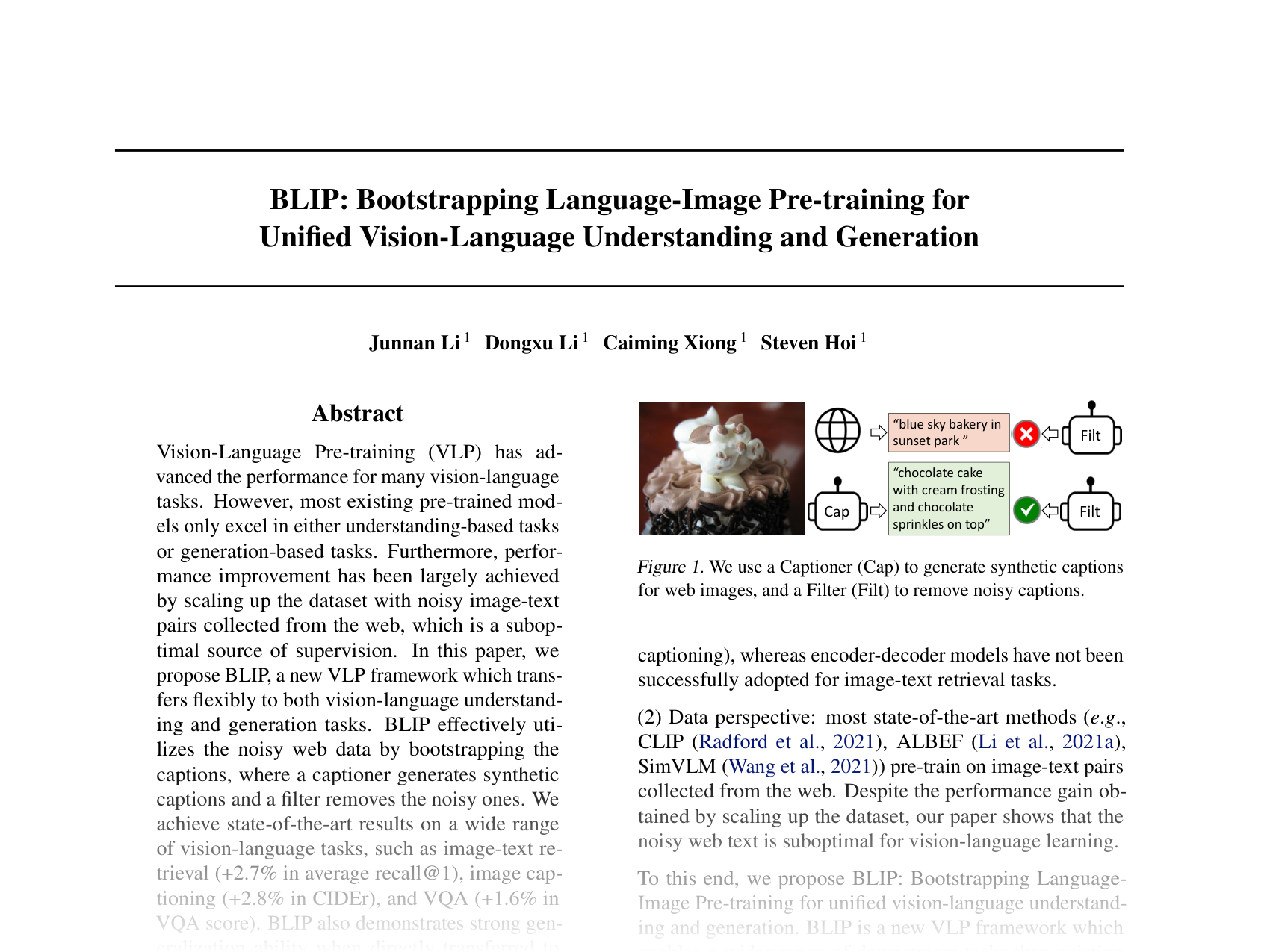 [BLIP: Bootstrapping Language-Image Pre-training for Unified Vision-Language Understanding and Generation 🔗](https://proceedings.mlr.press/v162/li22n/li22n.pdf)