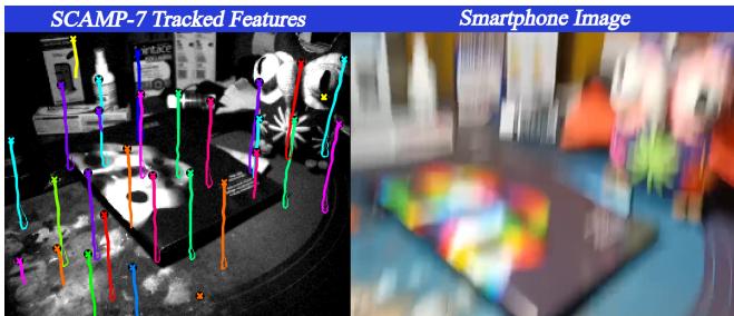 Figure 1. A smartphone and SCAMP-7 PPA are strapped together and shaken violently. The frames are not fully synchronised, but it is clear the smartphone&rsquo;s 6O FPS image is unusable,while at 3000 FPS our approach continues tracking features without issue.