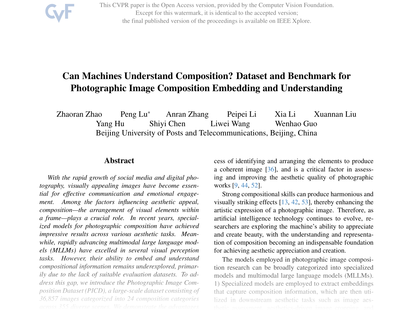 [Can Machines Understand Composition? Dataset and Benchmark for Photographic Image Composition Embedding and Understanding 🔗](https://openaccess.thecvf.com/content/CVPR2025/papers/Zhao_Can_Machines_Understand_Composition_Dataset_and_Benchmark_for_Photographic_Image_CVPR_2025_paper.pdf)