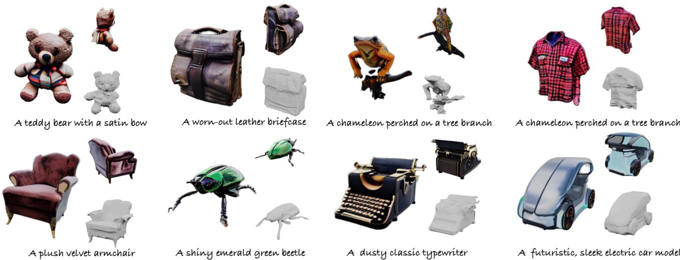 Figure 1. CoSER aims to generate detailed, diverse and detailed 3D objects from text prompts.