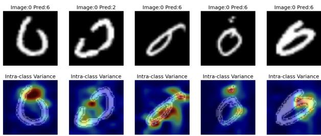 Visualization of intra-class variance. DiffCAM highlights anomalies in badly written digits, such as breaks in loops or extra strokes.