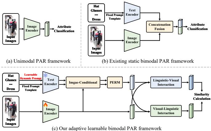 Figure 1. Different framework for PAR. (a) Existing unimodal PAR framework, (b) existing static bimodal PAR framework, (c) our adaptive learnable bimodal PAR framework.