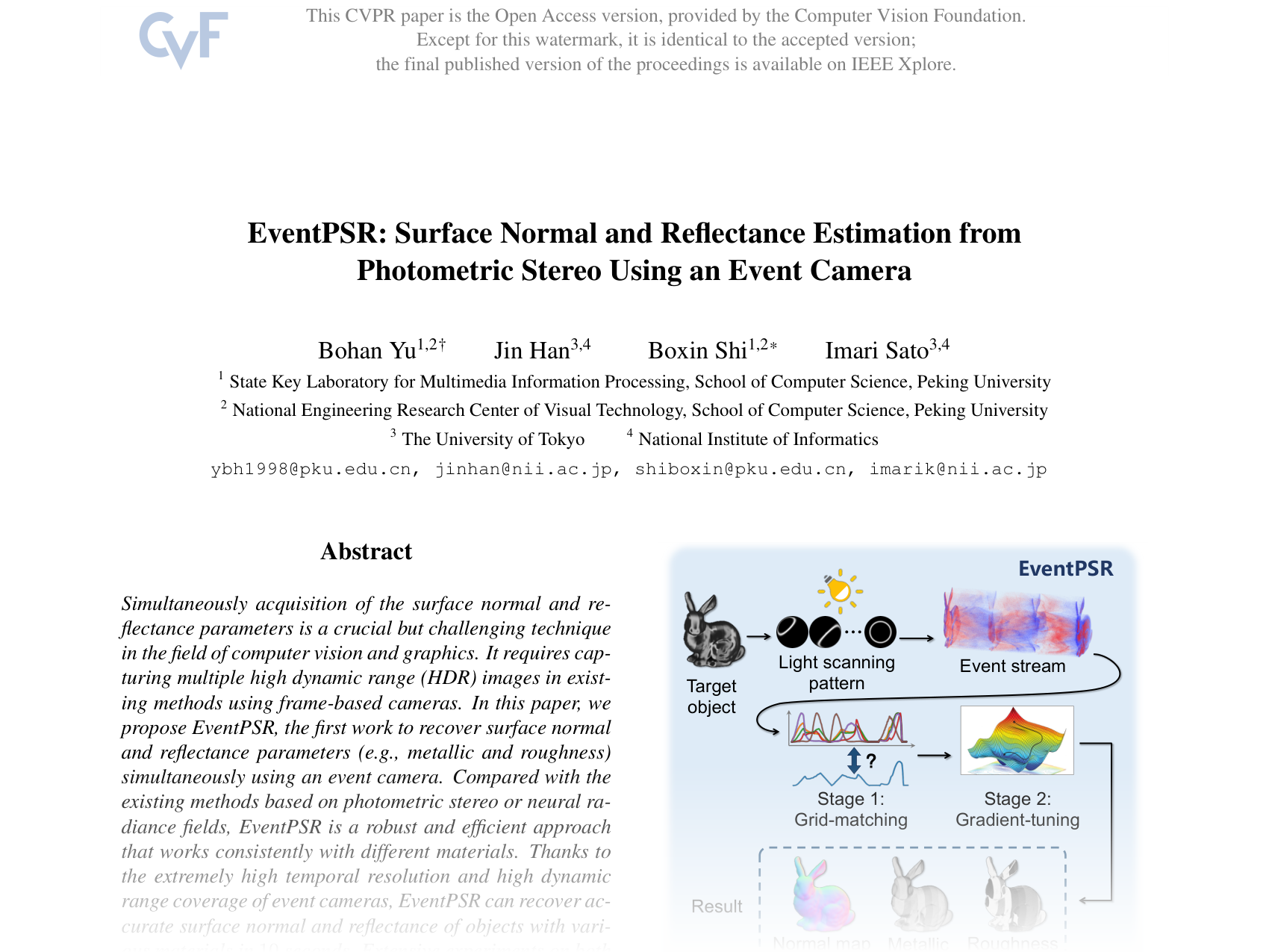 [EventPSR: Surface Normal and Reflectance Estimation from Photometric Stereo Using an Event Camera 🔗](https://openaccess.thecvf.com/content/CVPR2025/papers/Yu_EventPSR_Surface_Normal_and_Reflectance_Estimation_from_Photometric_Stereo_Using_CVPR_2025_paper.pdf)