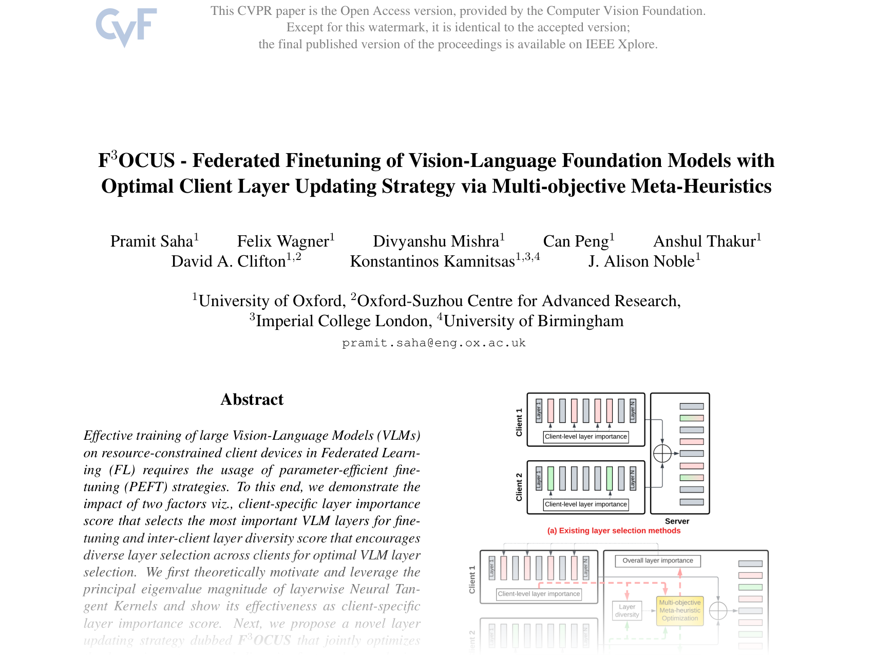 [F3OCUS - Federated Finetuning of Vision-Language Foundation Models with Optimal Client Layer Updating Strategy via Multi-objective Meta-Heuristics 🔗](https://openaccess.thecvf.com/content/CVPR2025/papers/Saha_F3OCUS_-_Federated_Finetuning_of_Vision-Language_Foundation_Models_with_Optimal_CVPR_2025_paper.pdf)