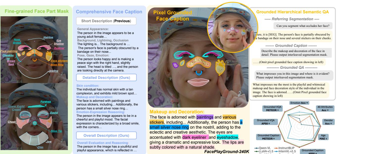 Figure 1. Comparison of GroundingFace against standard methods. The model can identify specific makeup styles, skin conditions, and emotional indicators with pixel-perfect masks.